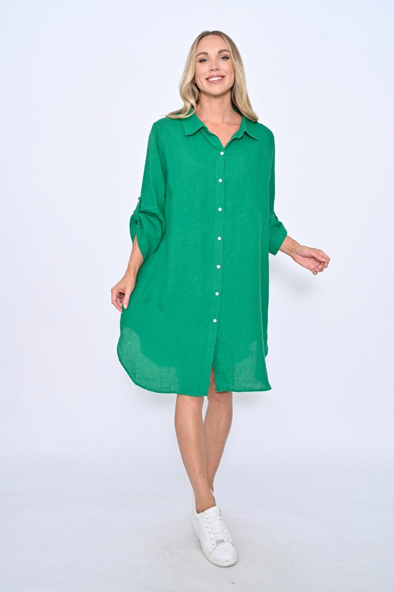Oversize Linen Shirt Dress- Knee Length-Emerald Green