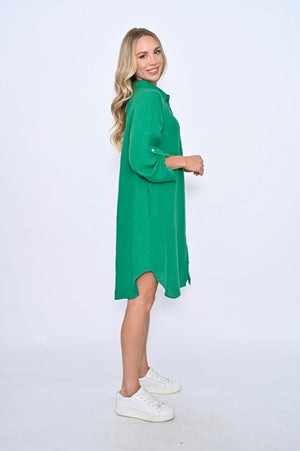 Oversize Linen Shirt Dress- Knee Length-Emerald Green