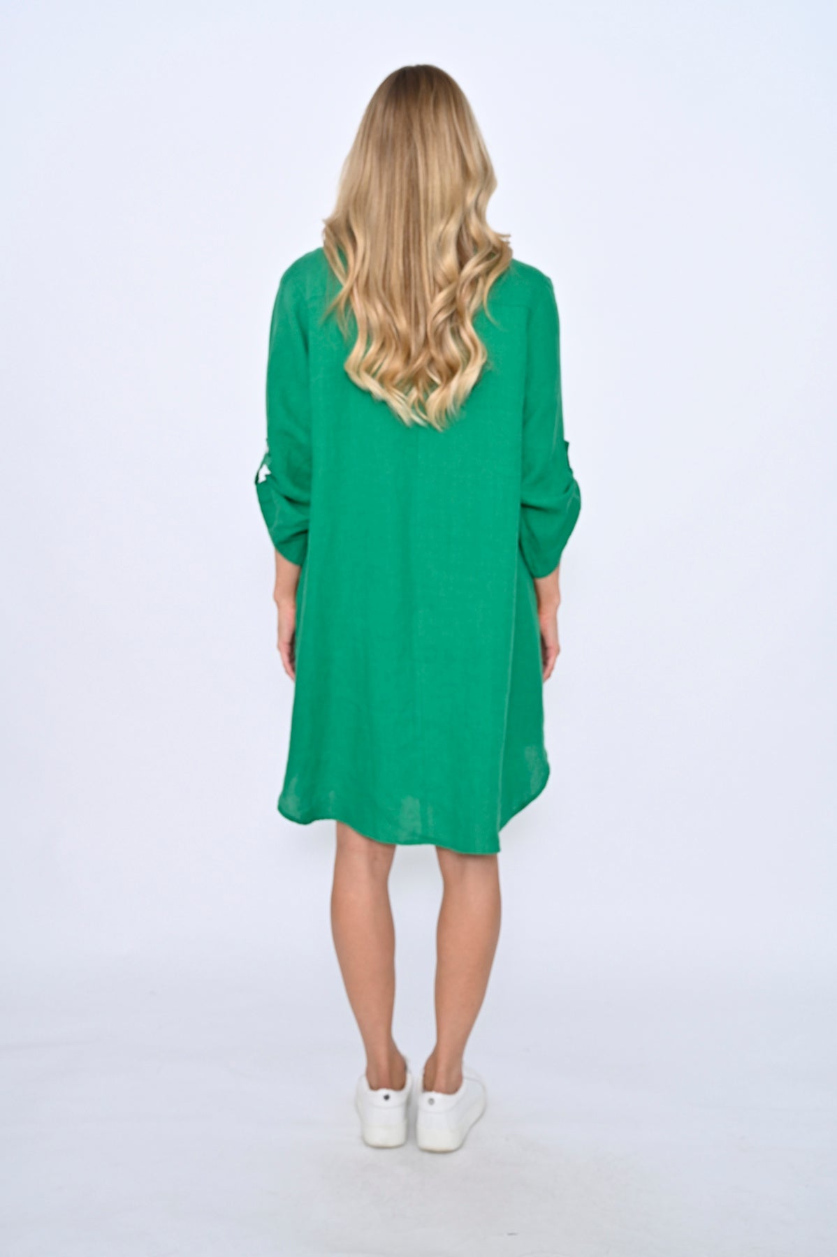 Oversize Linen Shirt Dress- Knee Length-Emerald Green