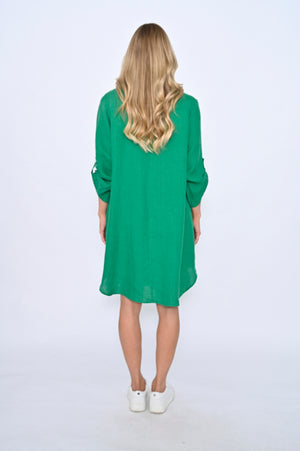 Oversize Linen Shirt Dress- Knee Length-Emerald Green