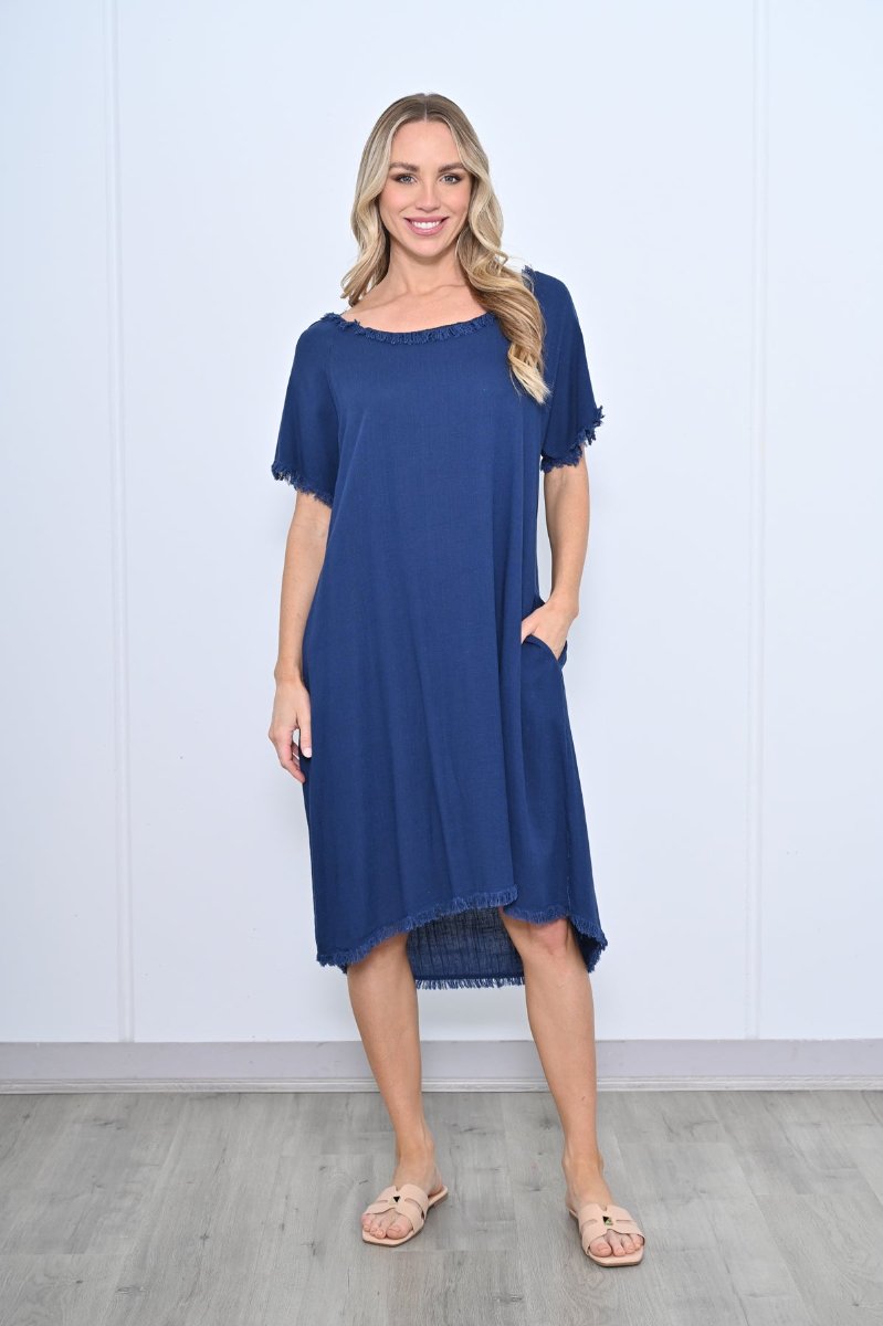 Cally Linen Dress-Navy-Fringe Detail- Front view