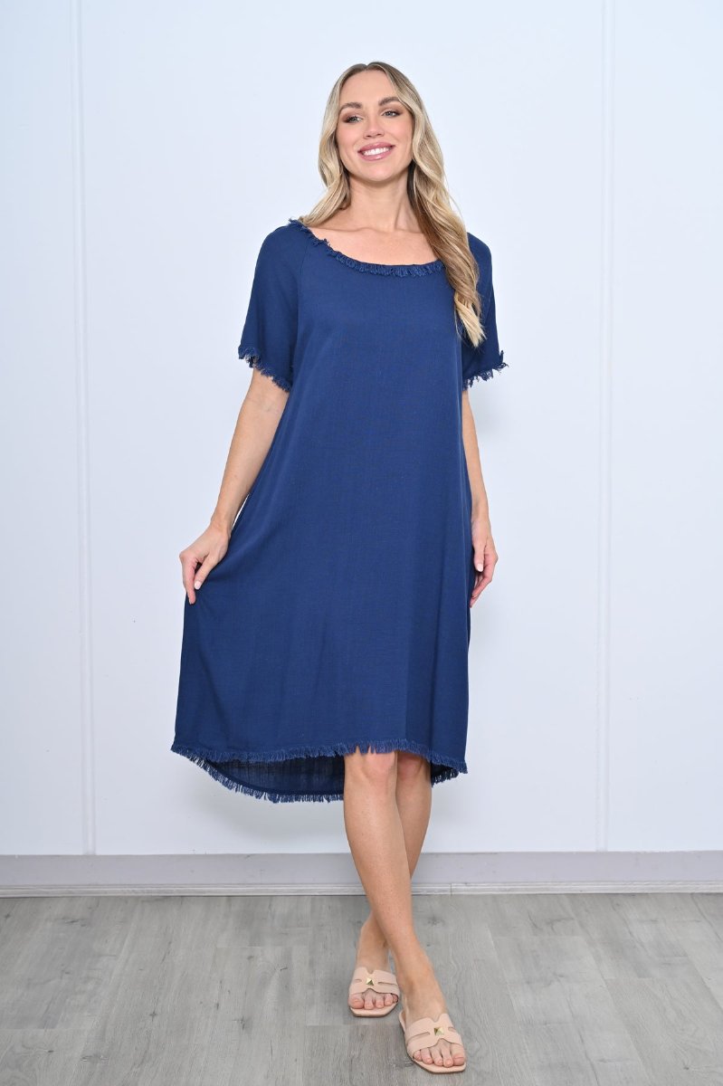 Cally Linen Dress-Navy-Fringe Detail- Front view