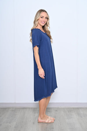 Cally Linen Dress-Navy-Fringe Detail-Side view