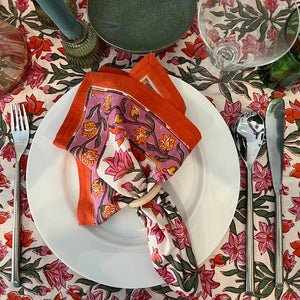 Salina Hand BlockPrinted Tablecloth-Orange-Pink Green Floral Design