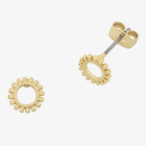 Gold stud earrings on a white background