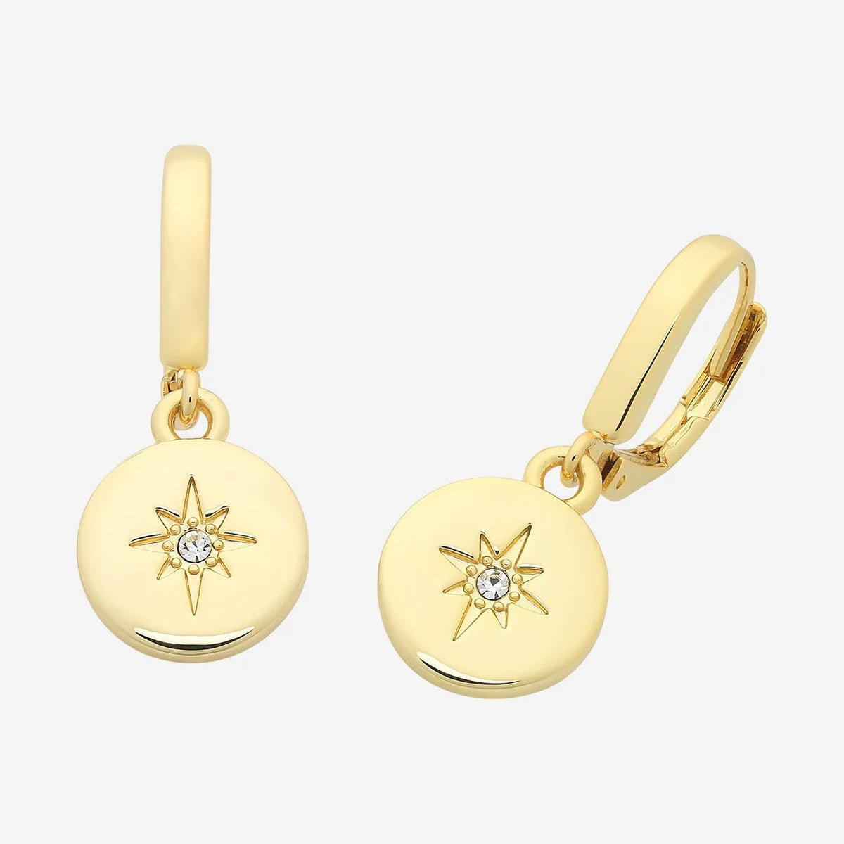 Pair of silver earrings with star designs on a white background