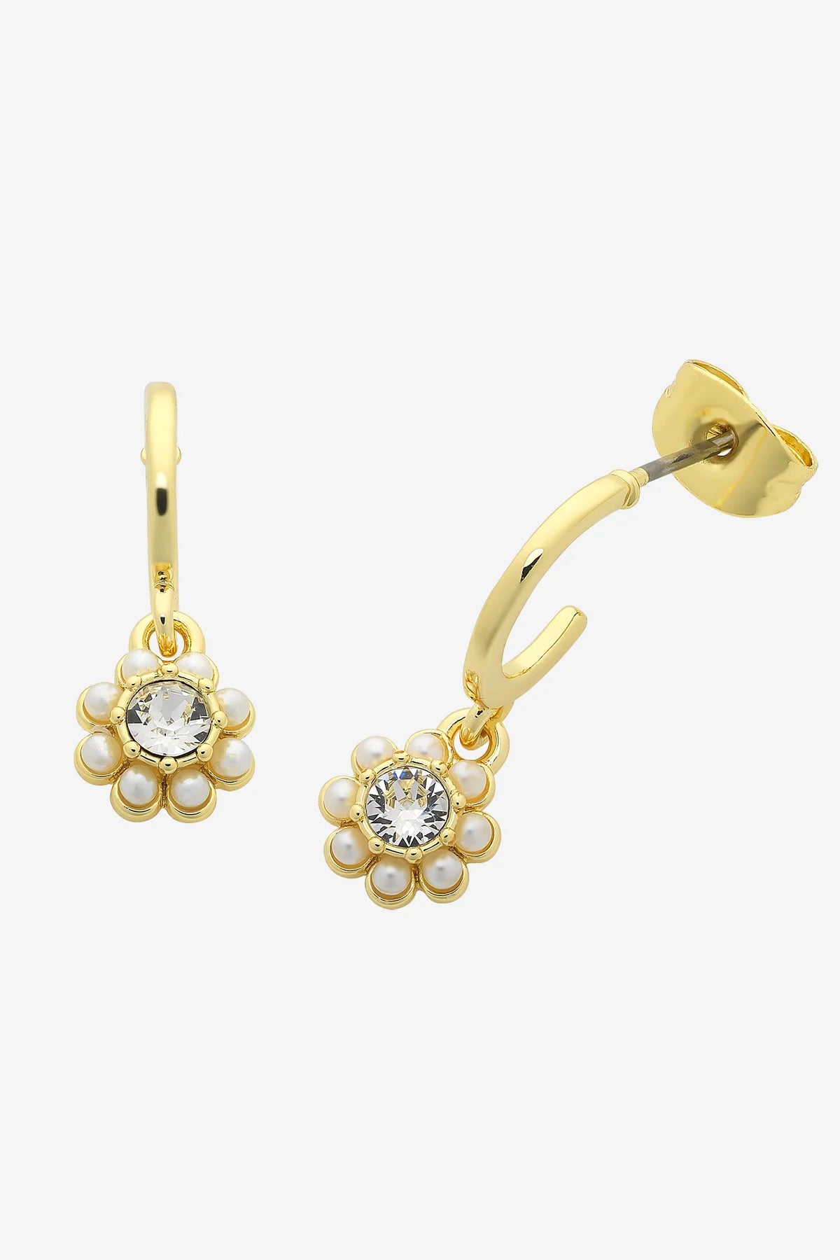 Gold hoop earrings with floral designs and clear gemstones on a white background
