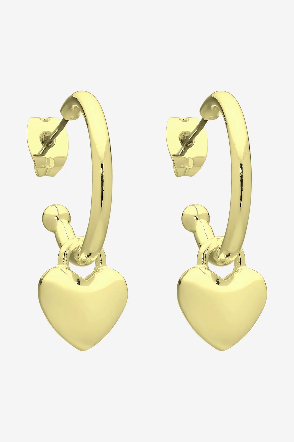 Gold hoop earrings with heart pendants on a white background
