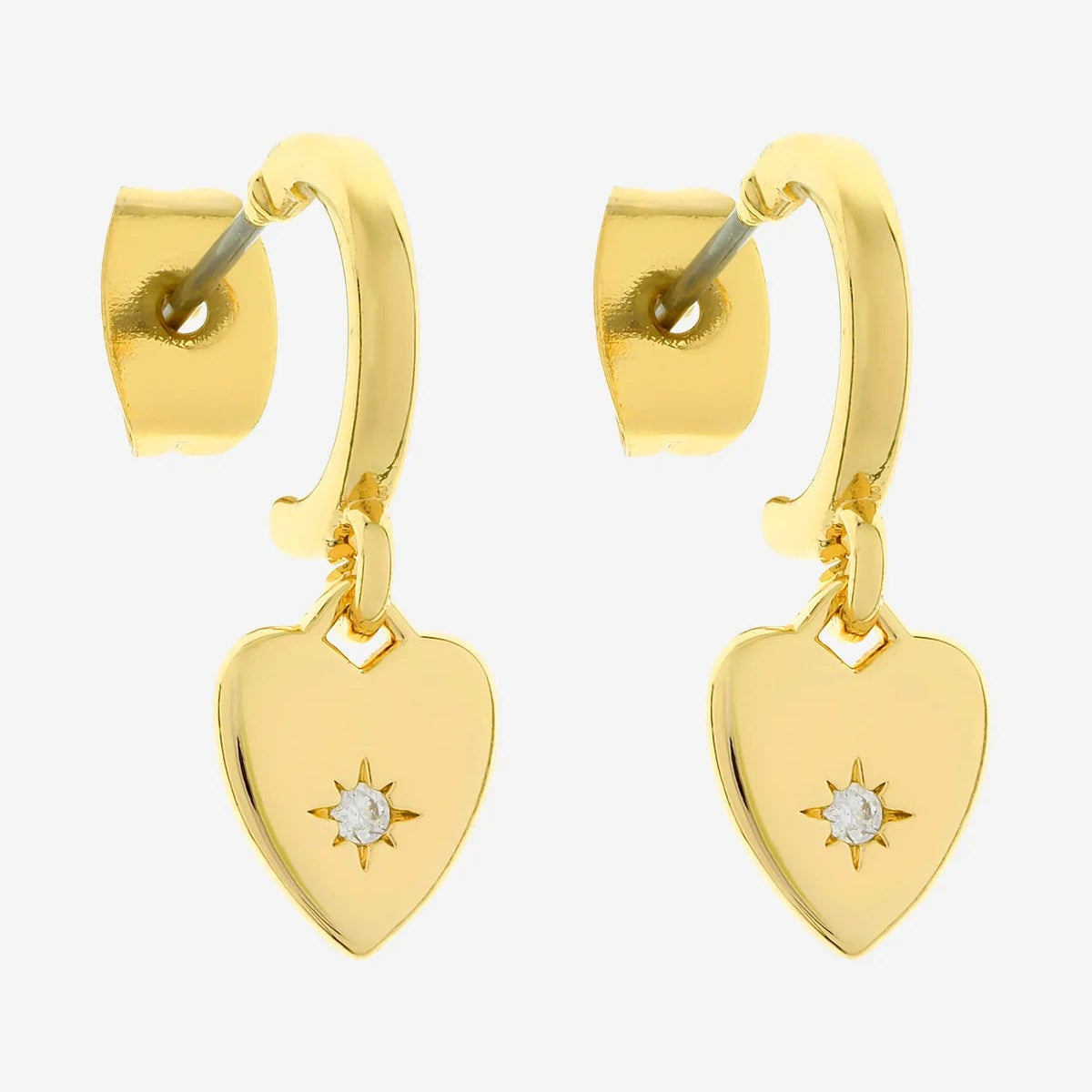 Gold heart-shaped earrings with a small diamond on a white background