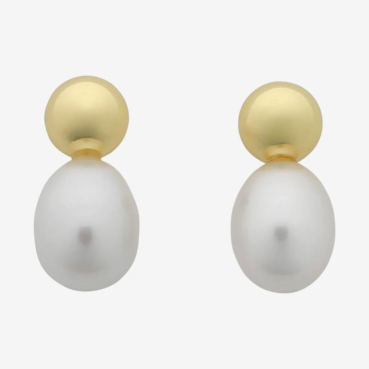 Pair of earrings with gold and white spherical designs on a white background
