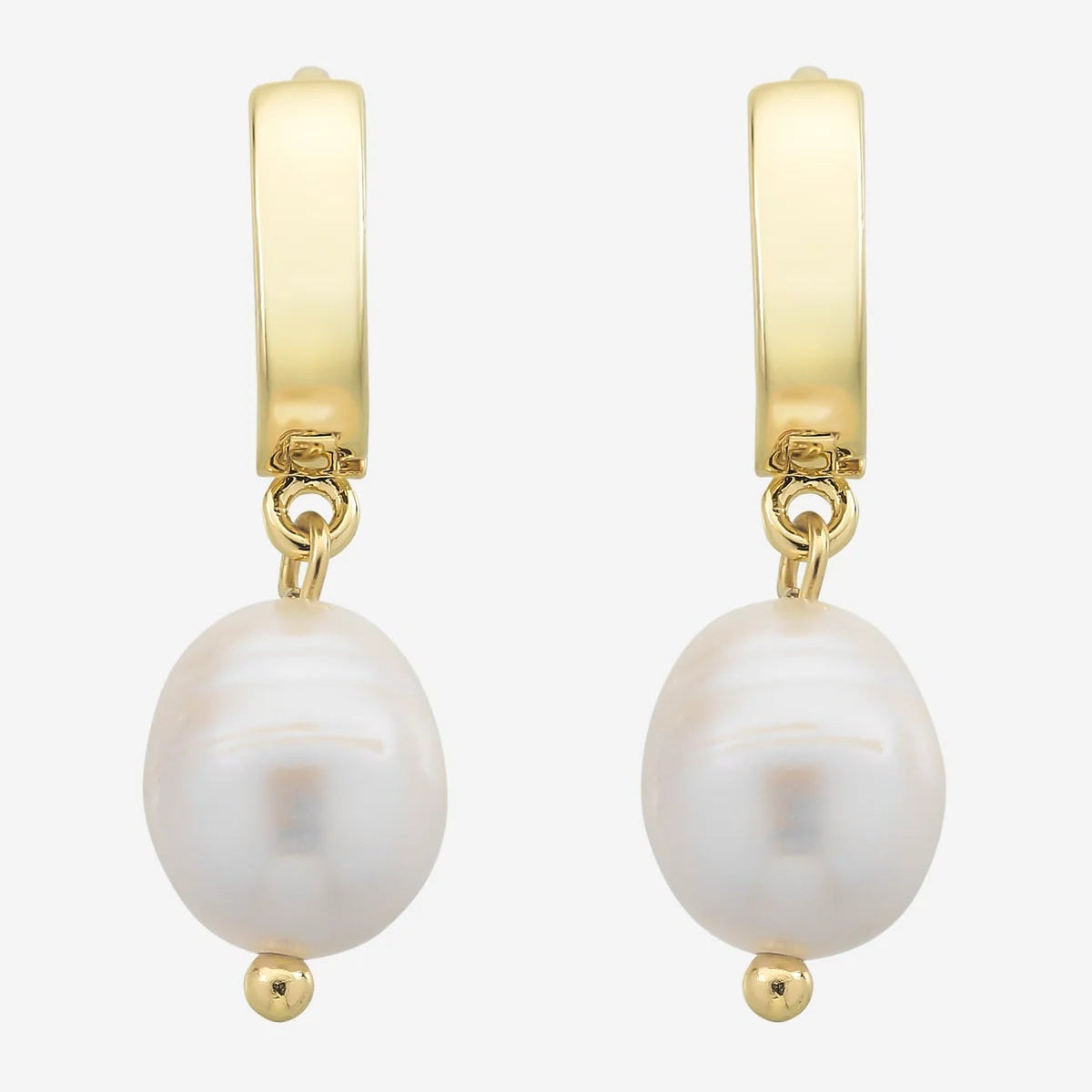 Gold hoop earrings with white pearls on a white background