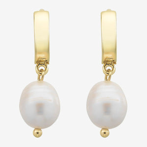 Gold hoop earrings with white pearls on a white background