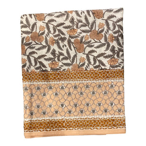 Cookham Hand Block Printed Tablecloth-Ochre-Grey white-Floral Pattern