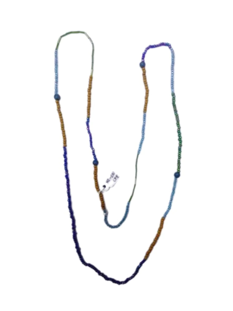 Jessie Necklace-Wooden Beads-Long-Blue-Green-Tan