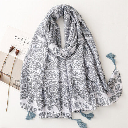 Fiona Scarf-Cotton-Pale Blue-Grey-Tassel