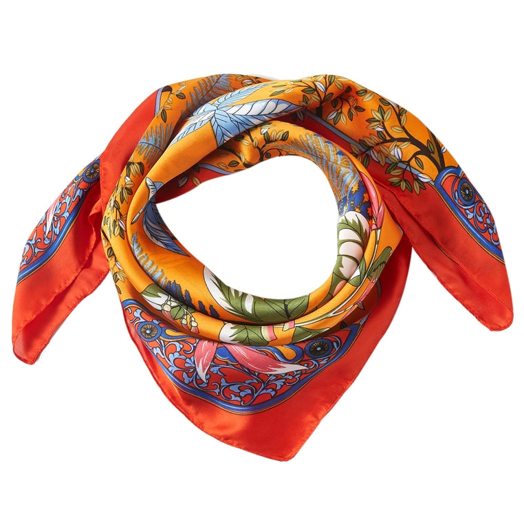 Silk Scarf-Orange Floral-Square-Designed in Italy
