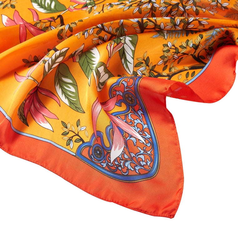 Silk Scarf-Orange Floral-Square-Designed in Italy