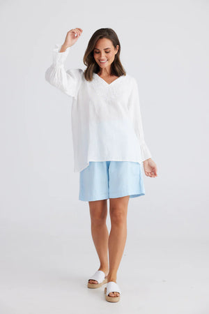 Minnow Top-White Linen-Embroidered Neckline-Ruffled Sleeve-Long Length
