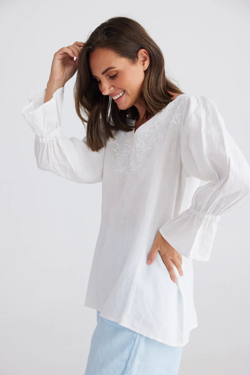 Minnow Top-White Linen-Embroidered Neckline-Ruffled Sleeve-Long Length