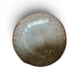 A round ceramic bowl with a textured, speckled glaze in shades of gray, brown, and subtle blue-green, featuring a rustic dark brown rim, shown from a top-down perspective on a white background.