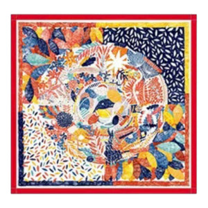 A square scarf featuring a vibrant, multicolored abstract floral and leaf pattern with a solid red border.