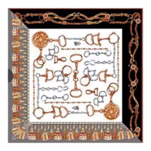 A square scarf featuring a white center with an intricate design of horse bits, chains, and tack in warm metallic tones, surrounded by a decorative border of tassels and equestrian motifs.