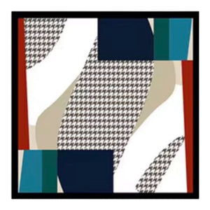 An abstract geometric patterned scarf featuring black and white houndstooth, navy blue blocks, teal and red stripes, and beige curved shapes, framed by a thin black border.