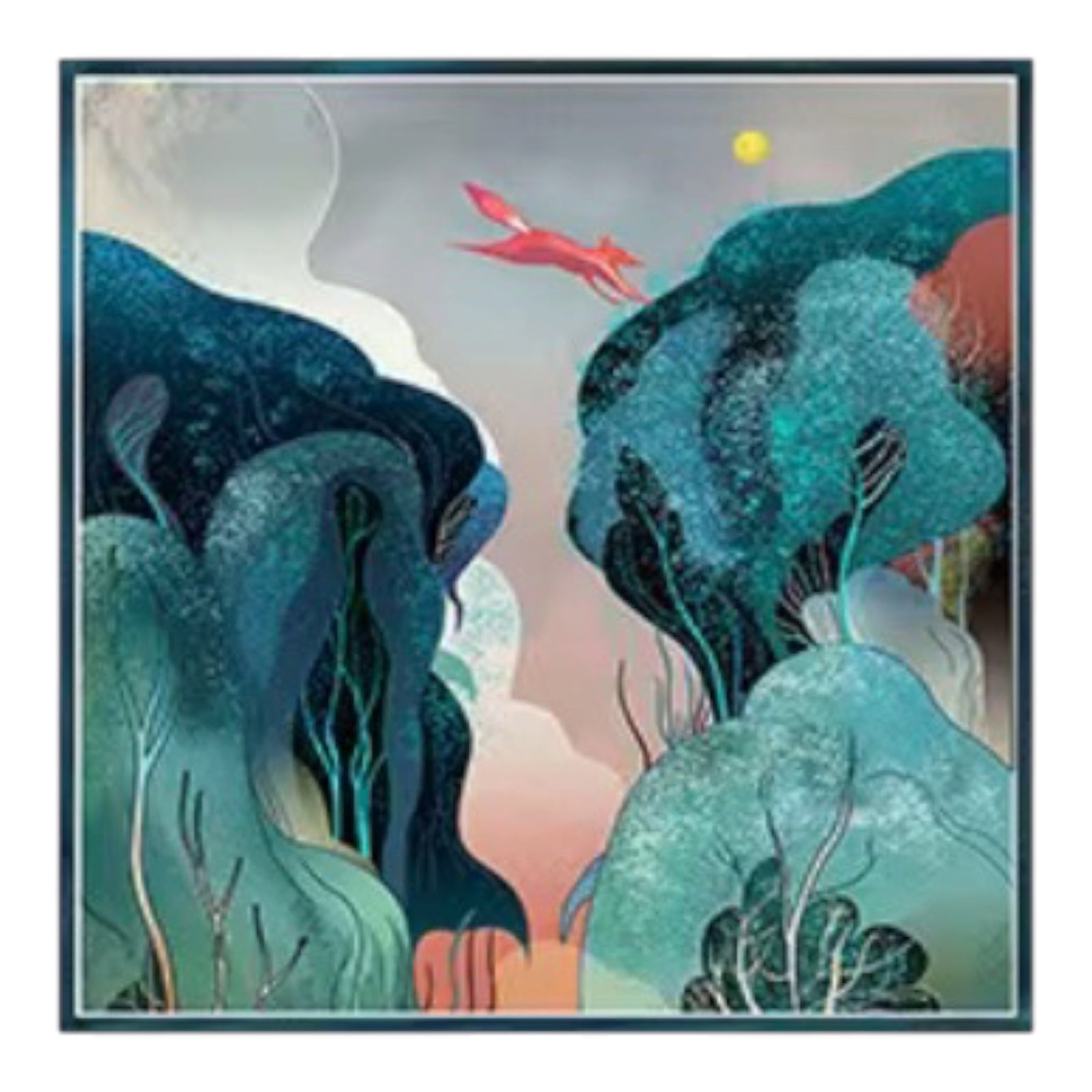 A stylized landscape scarf featuring teal and blue forested hills, a small red fox in flight, and a pale pink sky with a yellow sun, framed by a dark border.