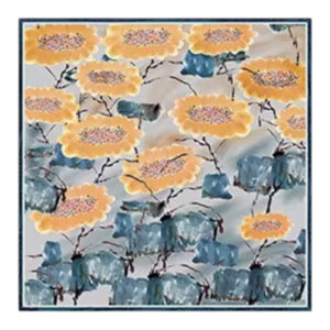 A square scarf featuring a floral pattern with mustard yellow flowers, blue-gray leaves, and thin dark branches on a light gray background, finished with a dark blue border.