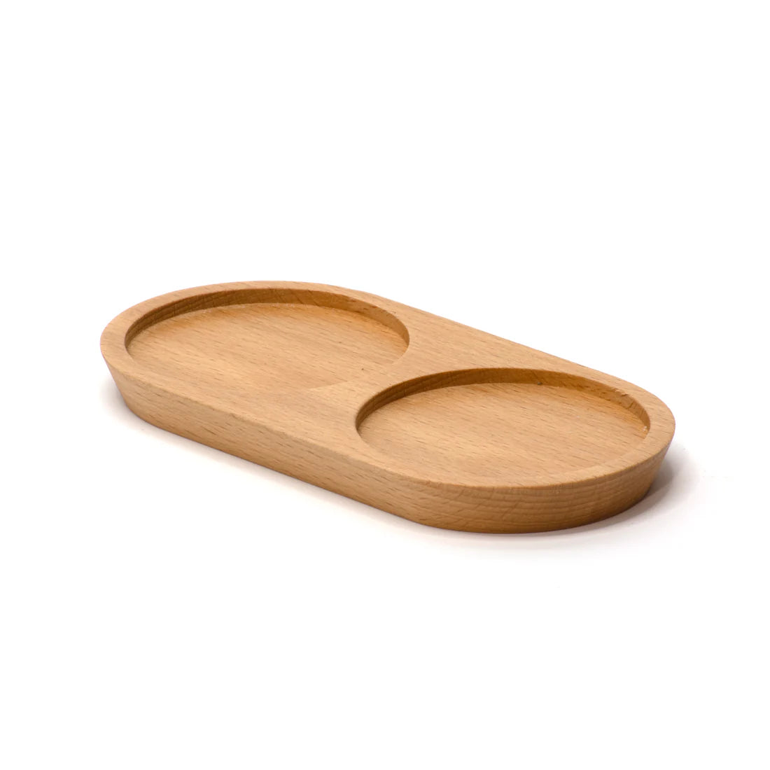 Wooden tray with two sections on a white background