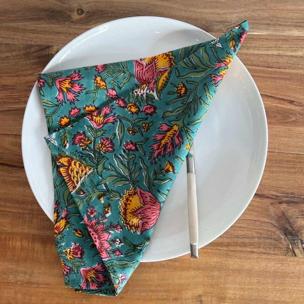 Jacob Little-Dulwich Hill-Highgate Napkins-Teal-Pink-Orange-Green-Hand Block Print-Cotton