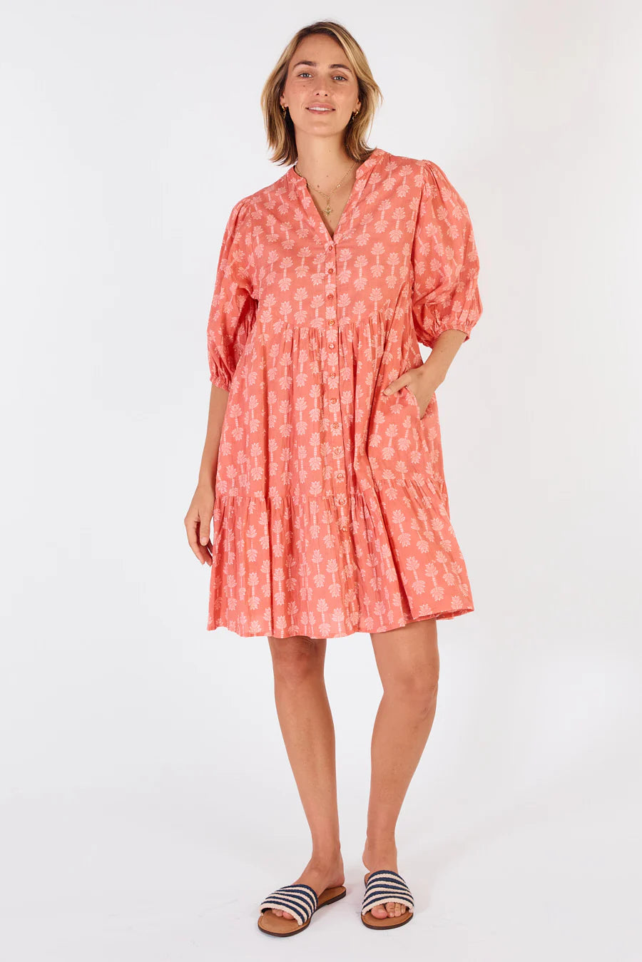 Calgary Dress Navy-Cotton-Short tiered-Front View
