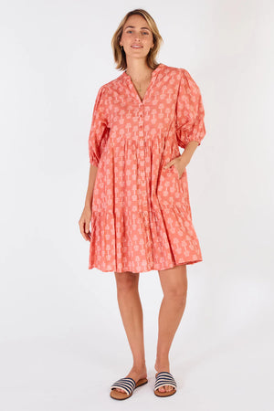 Calgary Dress Navy-Cotton-Short tiered-Front View