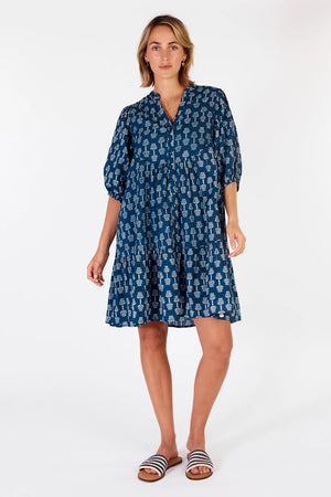 Calgary Dress Navy-Cotton-Short tiered-Front View