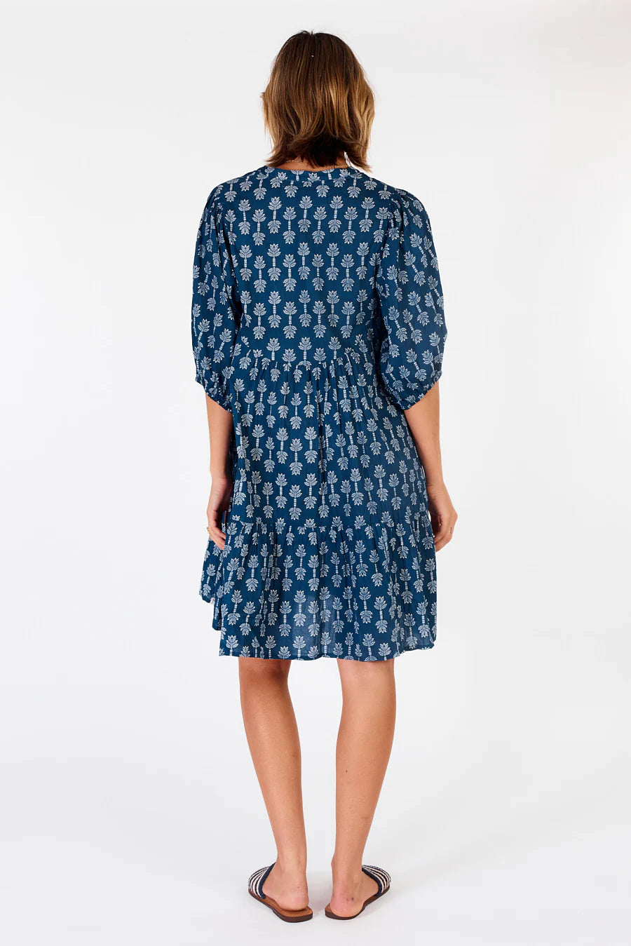 Calgary Dress Navy-Cotton-Short tiered-Front View