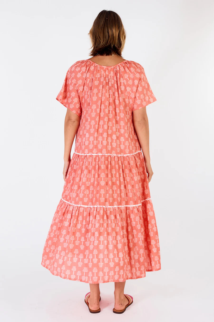 Calgary Midi dress-Coral cotton-Tiered-Front View
