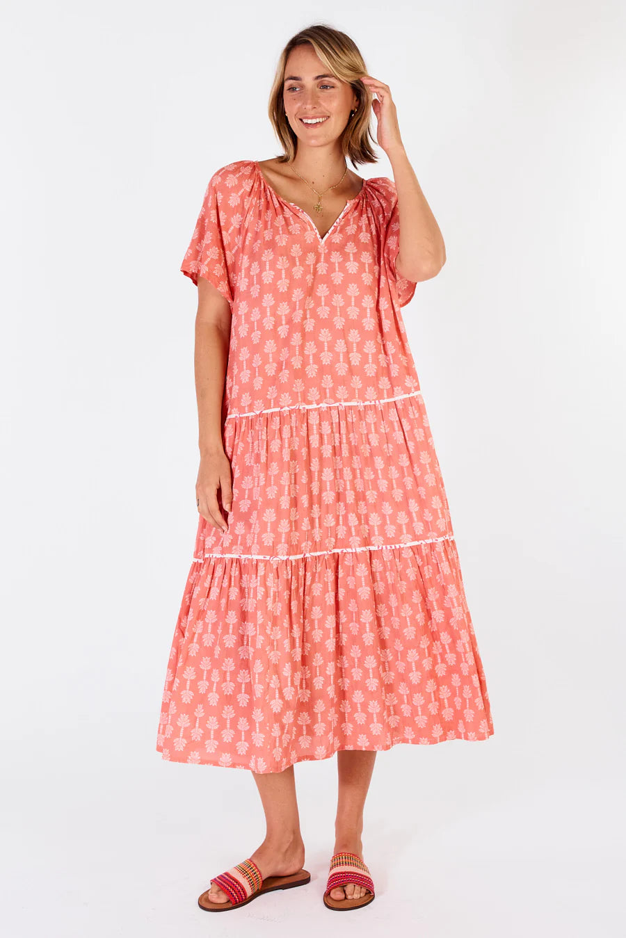 Calgary Midi dress-Coral cotton-Tiered-Front View