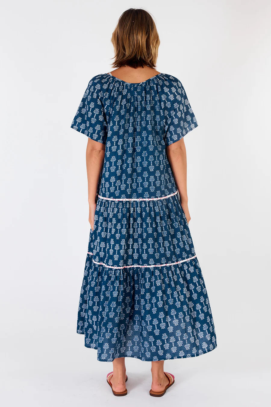 Calgary Midi dress-Navy cotton-Tiered-Front View