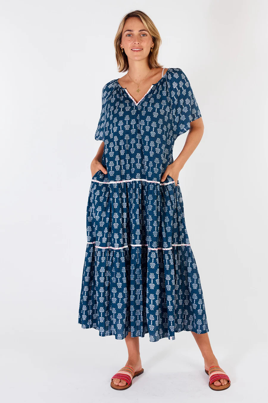 Calgary Midi dress-Navy cotton-Tiered-Front View