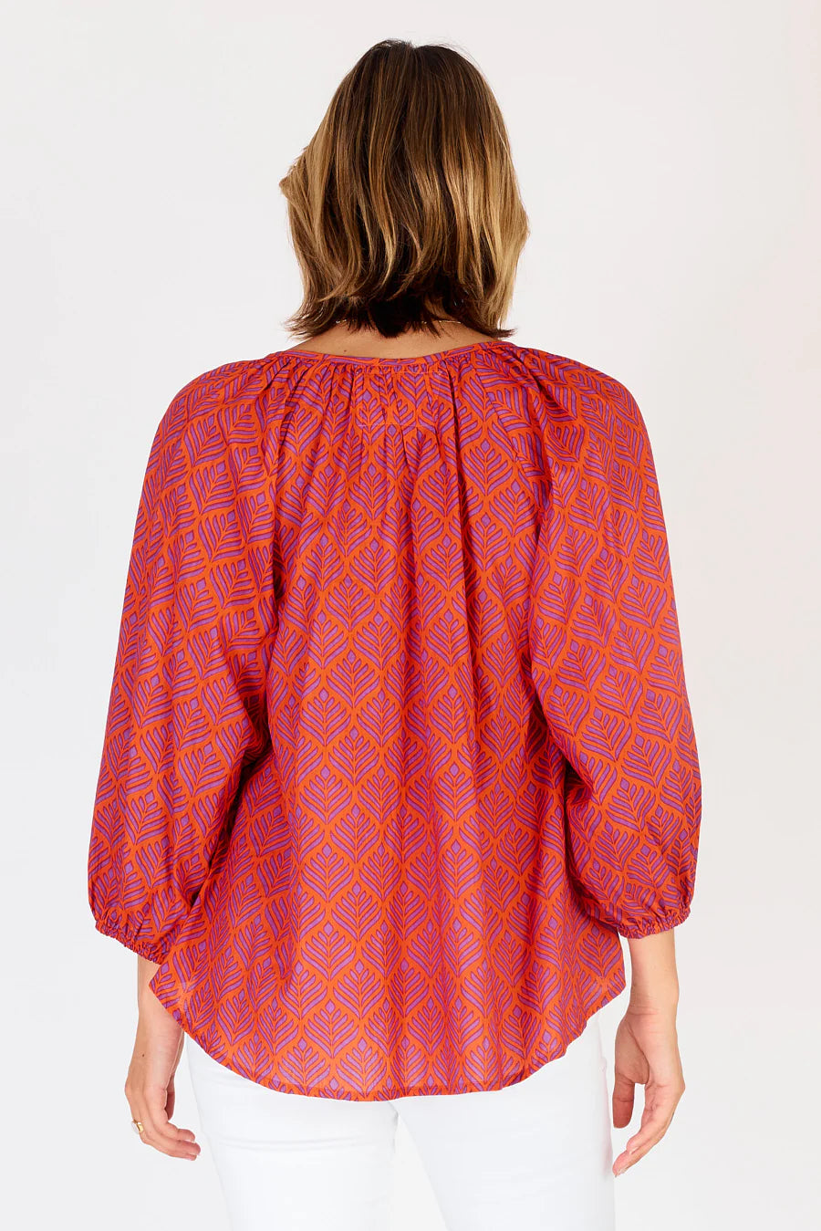 Dallas Top -Cotton Peasant style-Geo Print- Orange and Purple-Front View