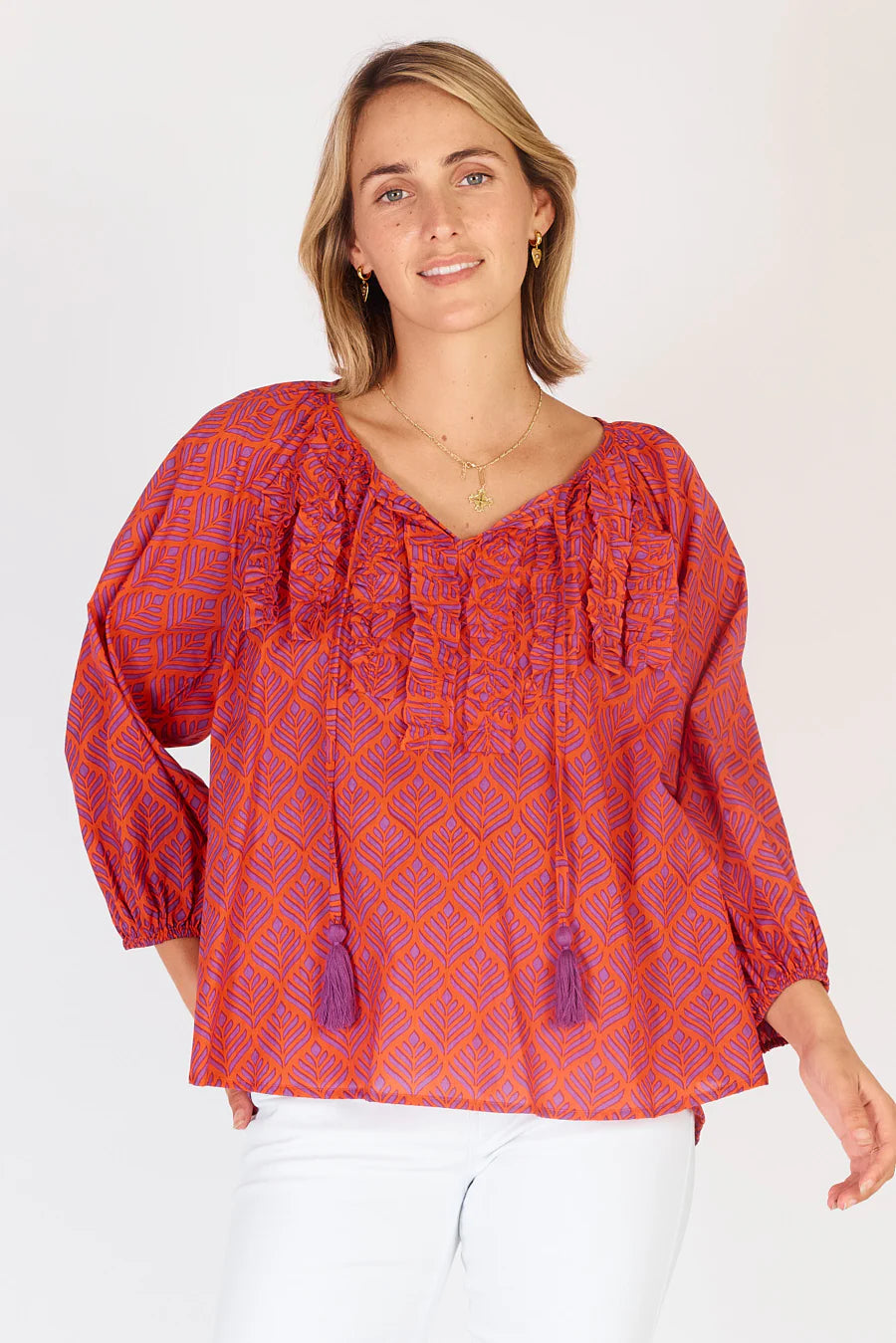Dallas Top -Cotton Peasant style-Geo Print- Orange and Purple-Front View