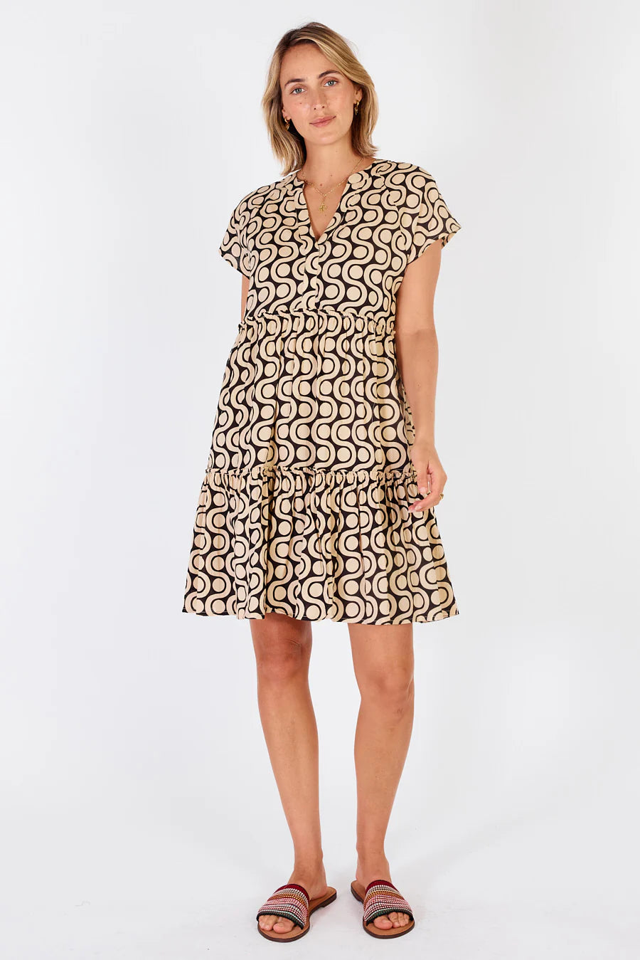 Quebec Dress-Black & Cream Cotton-Tiered-Above the Knee-Front View
