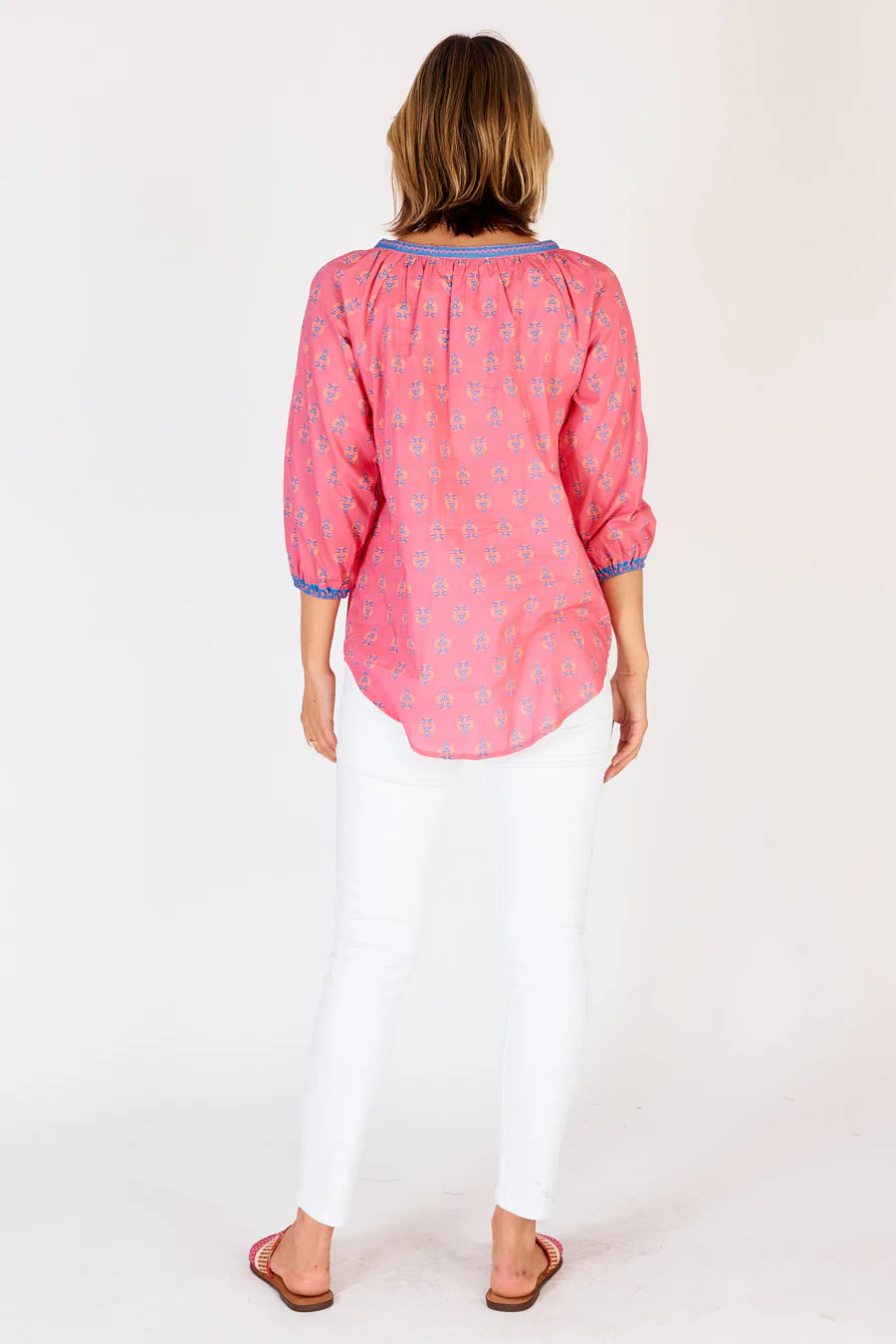 Ibsa Toronto Top -Block Print Cotton-Pink -rimmed with Blue -Front View