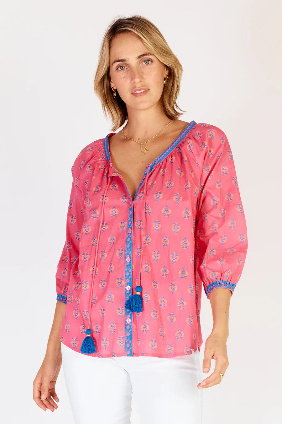 Ibsa Toronto Top -Block Print Cotton-Pink -rimmed with Blue -Front View