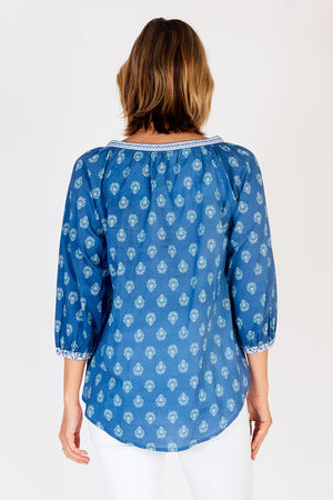 Toronto Top-Cotton-Drawstring Neckline-Blue and white- back View