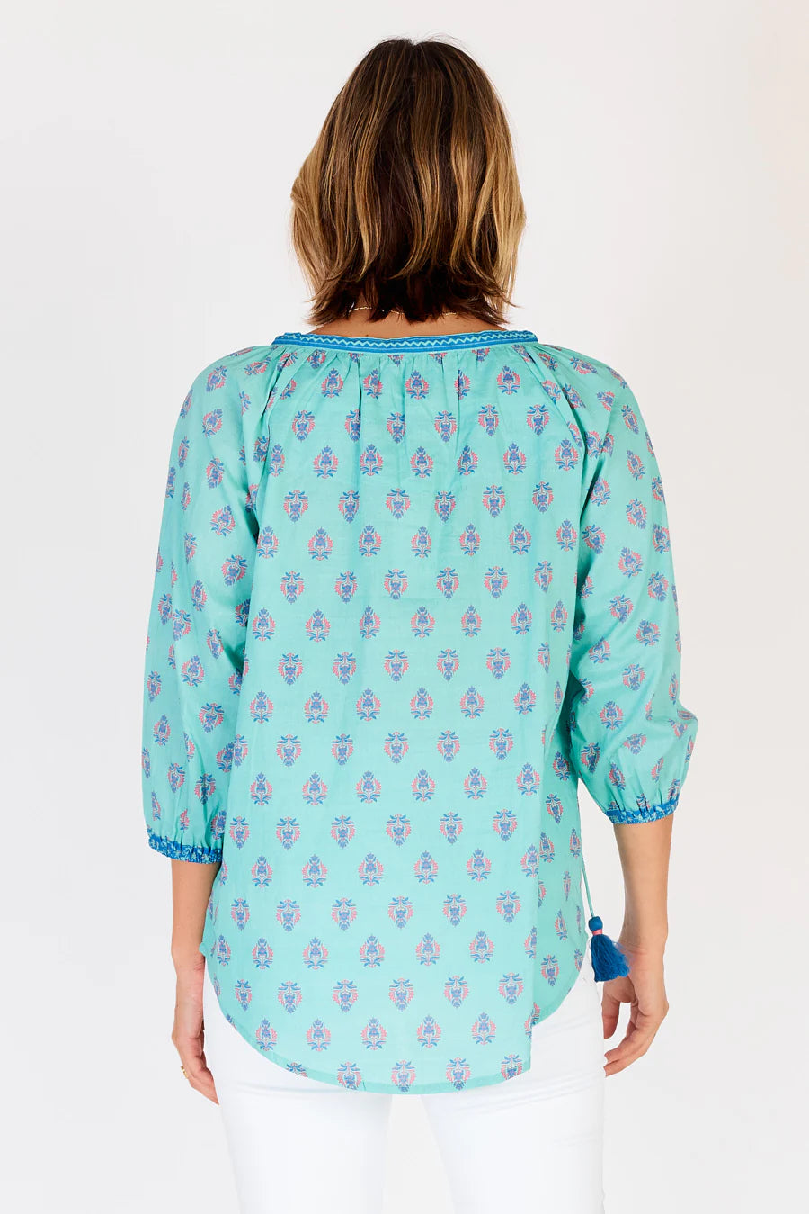 Ibsa Toronto Top -Block Print Cotton-Gree -trimmed with Blue -Front View
