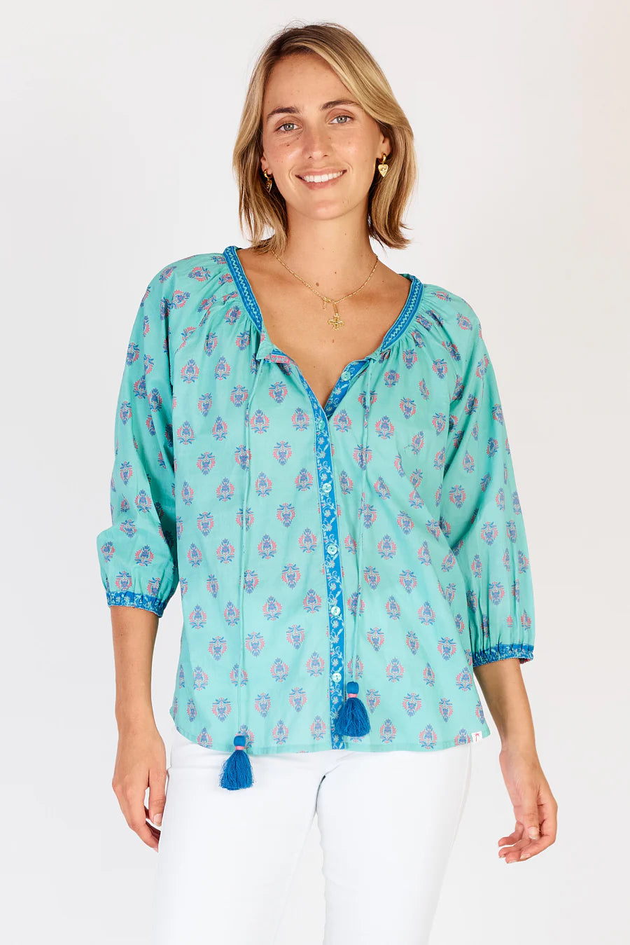 Ibsa Toronto Top -Block Print Cotton-Gree -trimmed with Blue -Front View