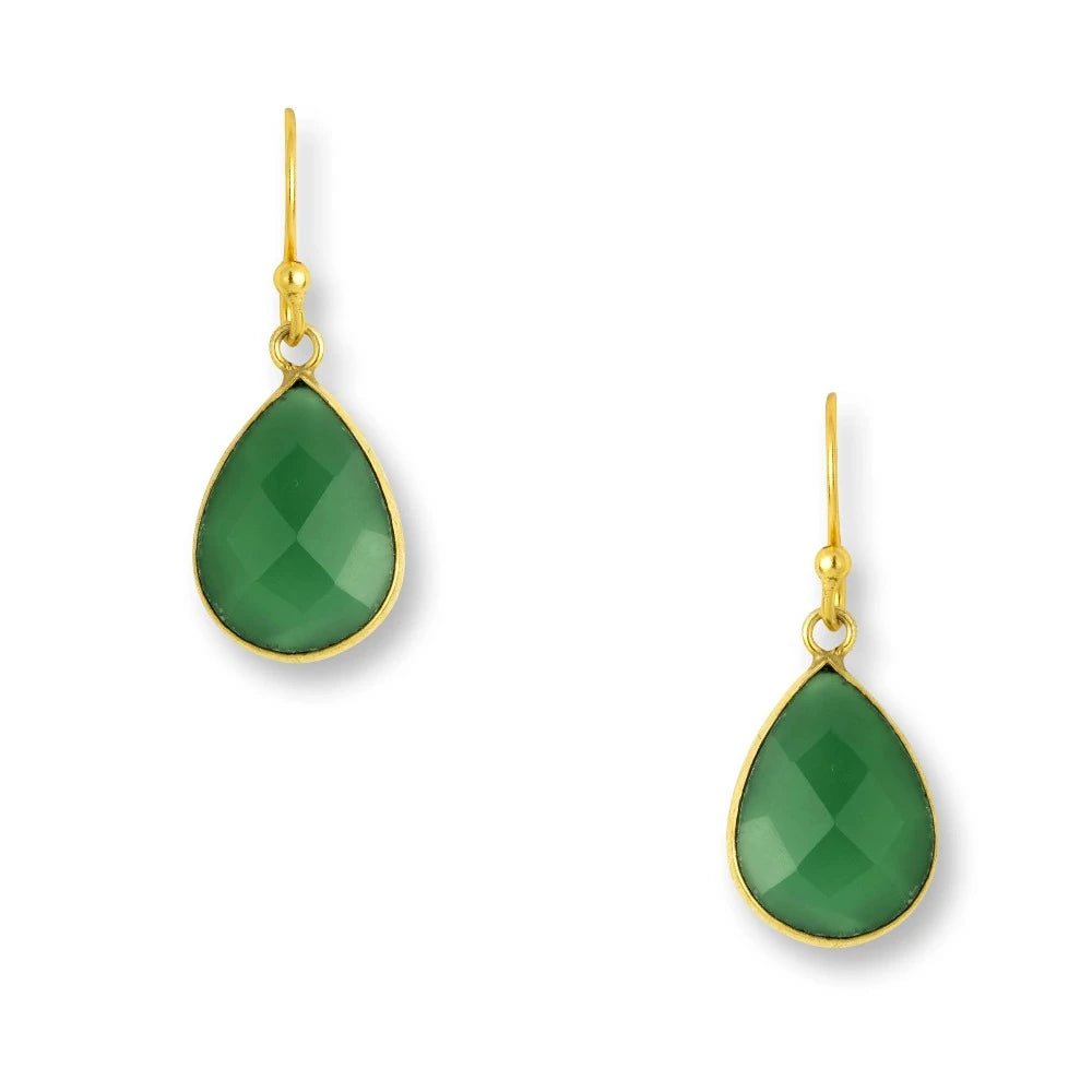 Teardrop shape Green Onyx Earring -Gold Banding-Hook fastening