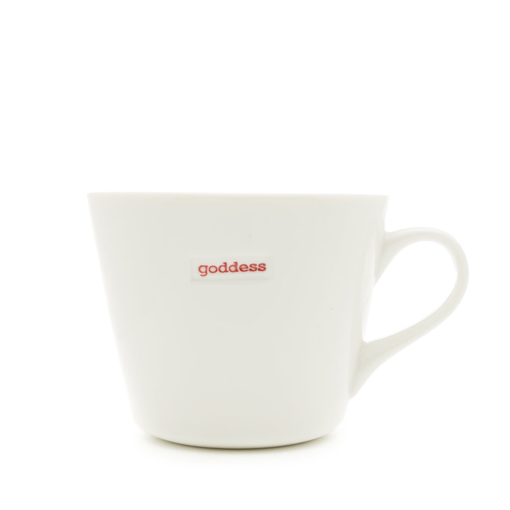 White mug with 'goddess' text in red on a white background