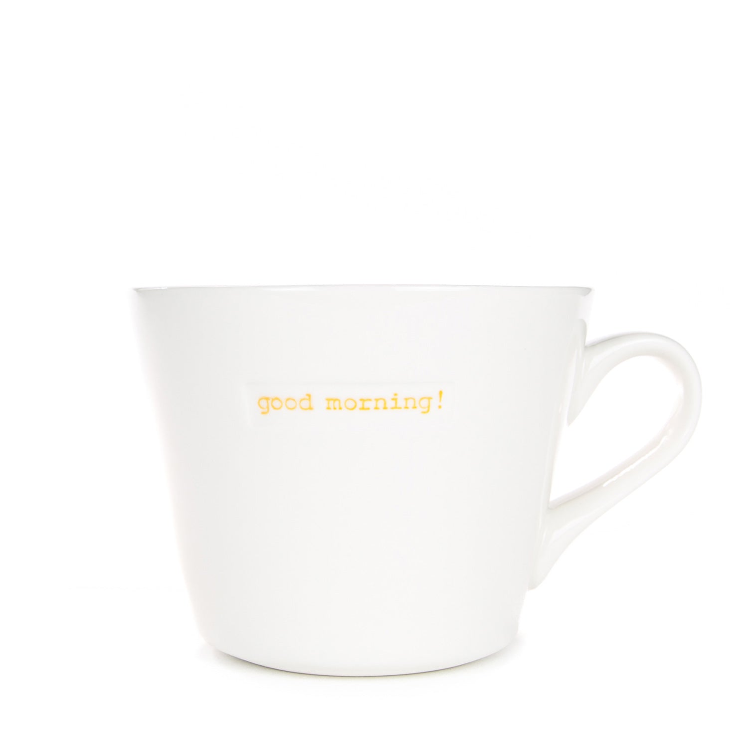White mug with 'good morning!' text in gold on a white background